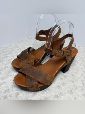 Mila Paoli Distressed Brown Leather Cross-Strap Block Heels